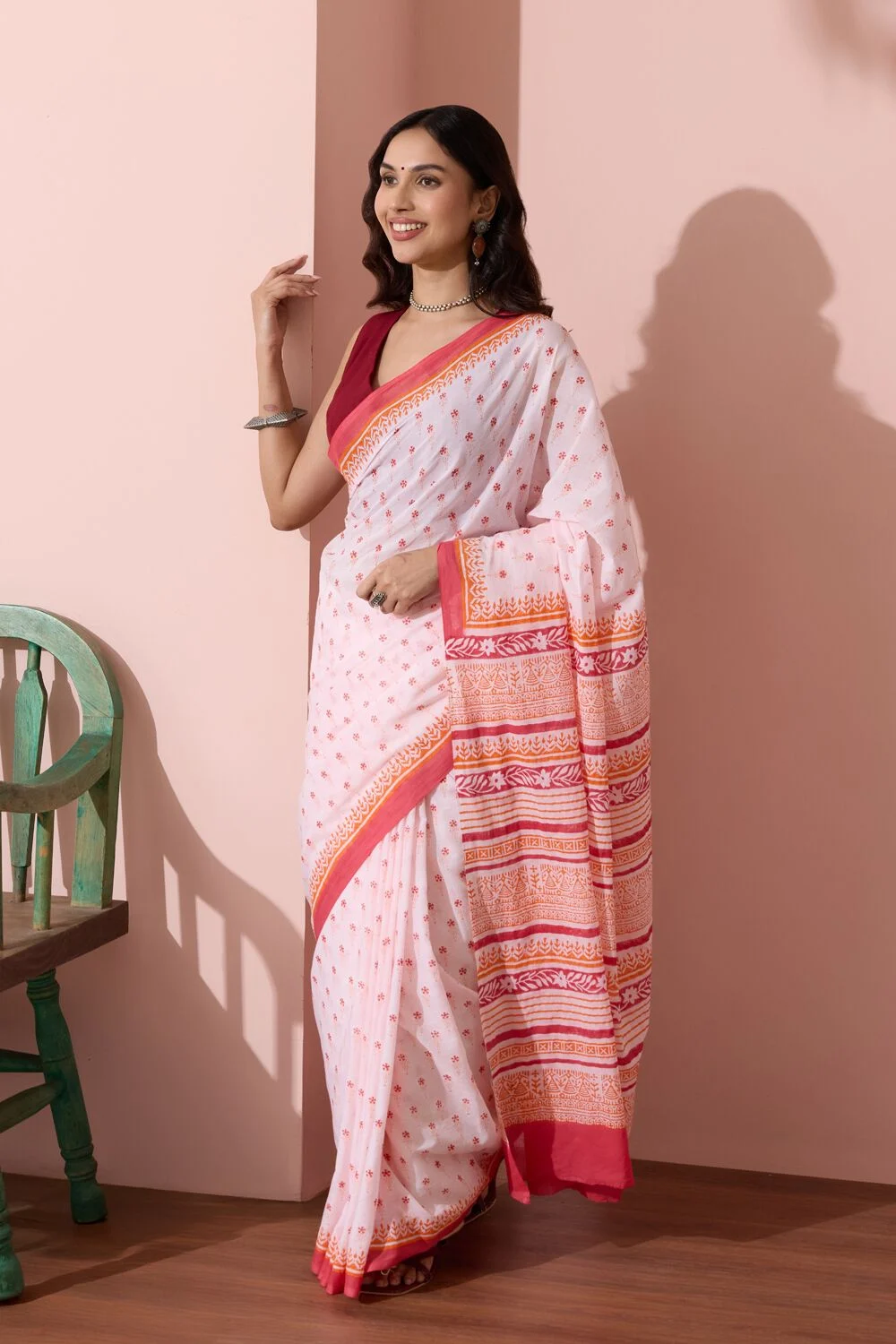 Light Orange Pure Cotton Block Printed Bengal Saree with Unstitched Blouse Piece